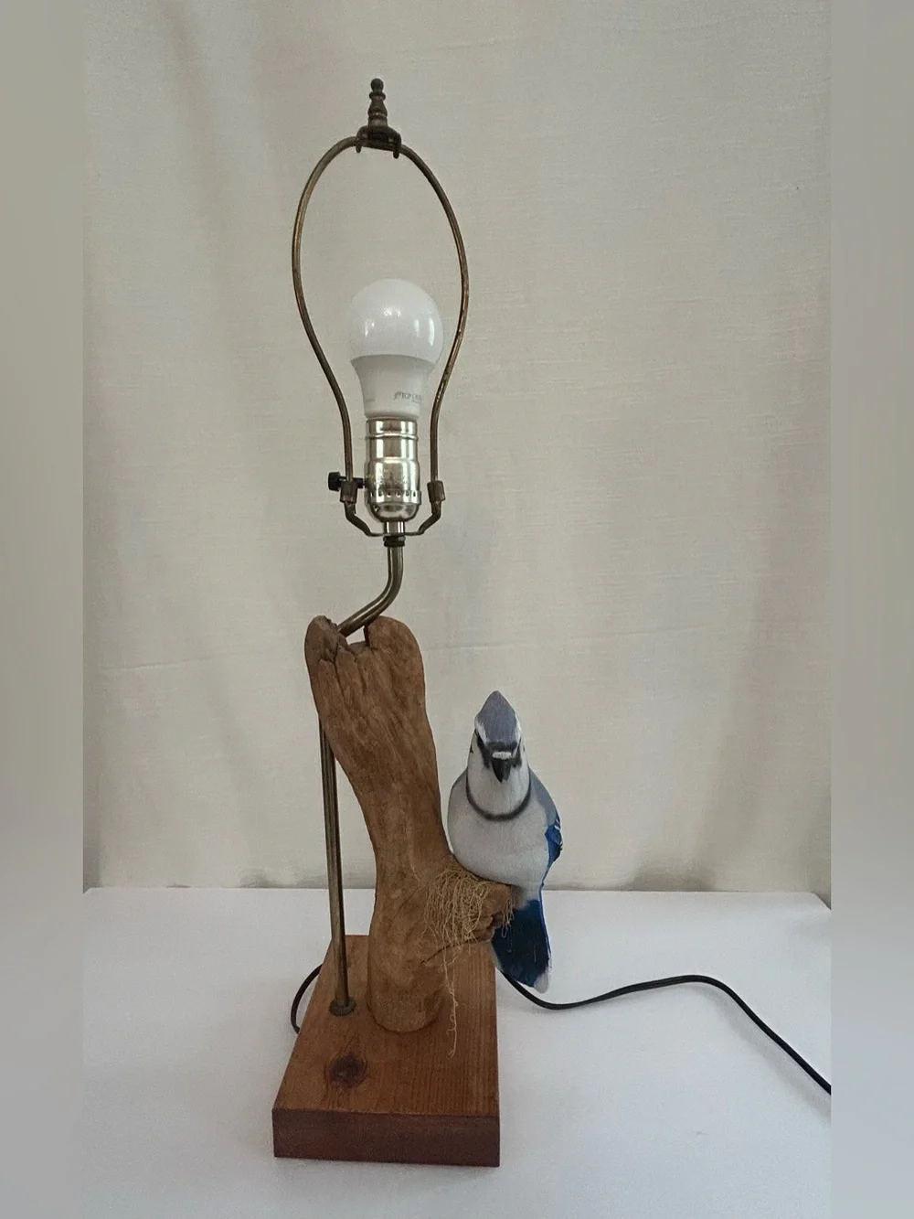 Likely Vintage Driftwood and Bluebird Maximalist Statue Working Lamp